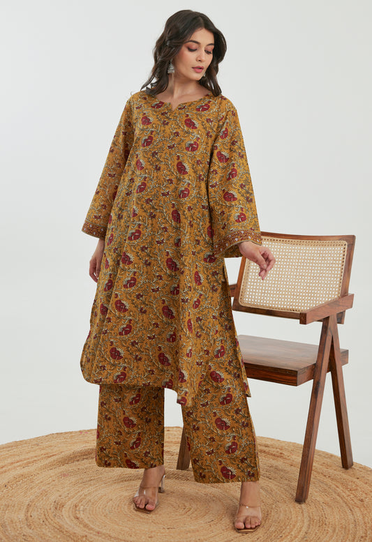 Mustard Floral Cotton Lurex Co-Ord Set