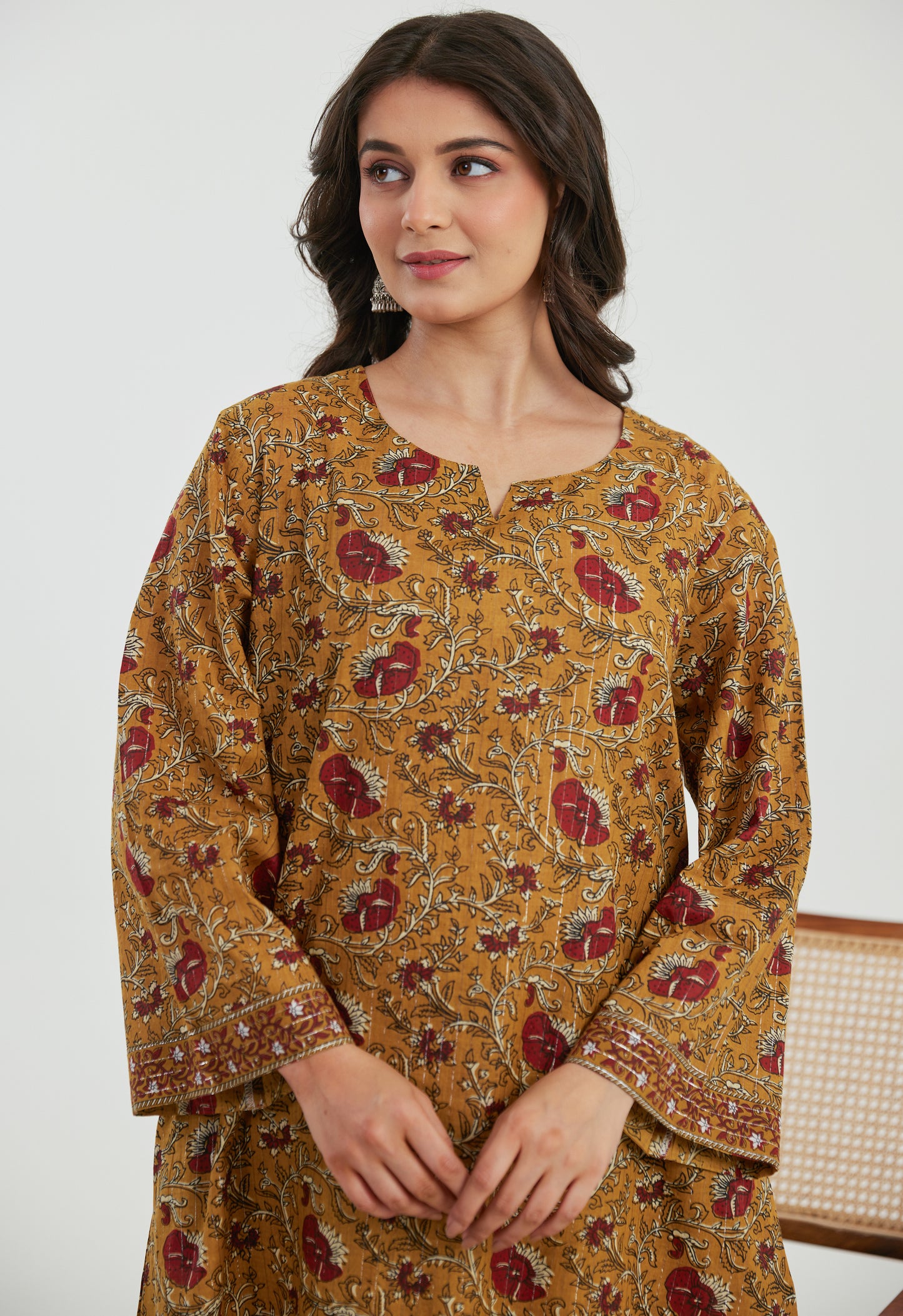 Mustard Floral Cotton Lurex Co-Ord Set