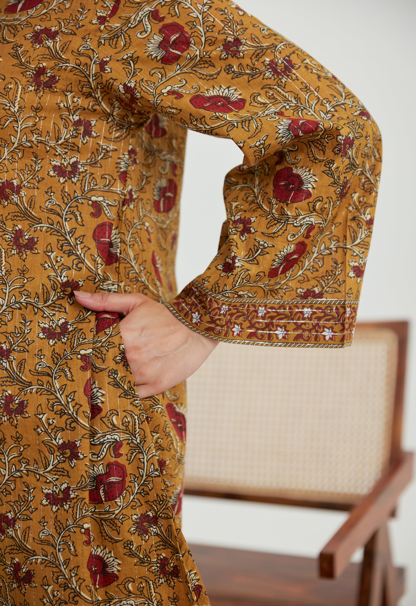 Mustard Floral Cotton Lurex Co-Ord Set
