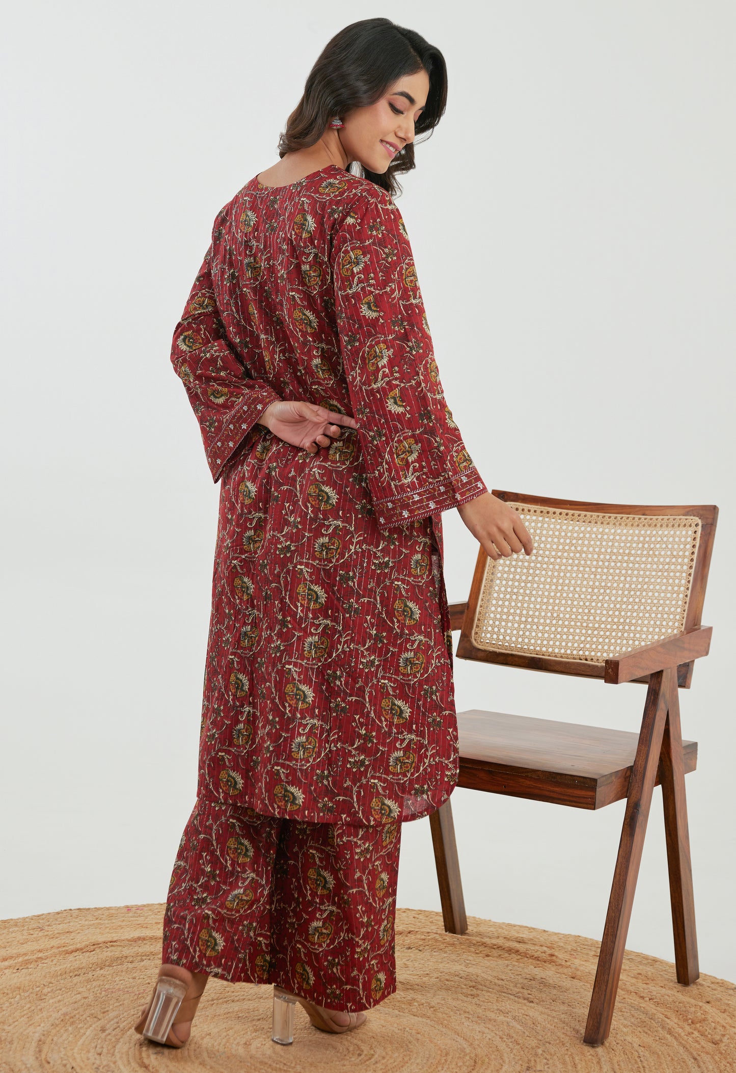 Floral Red Cotton Lurex Co-ord Set