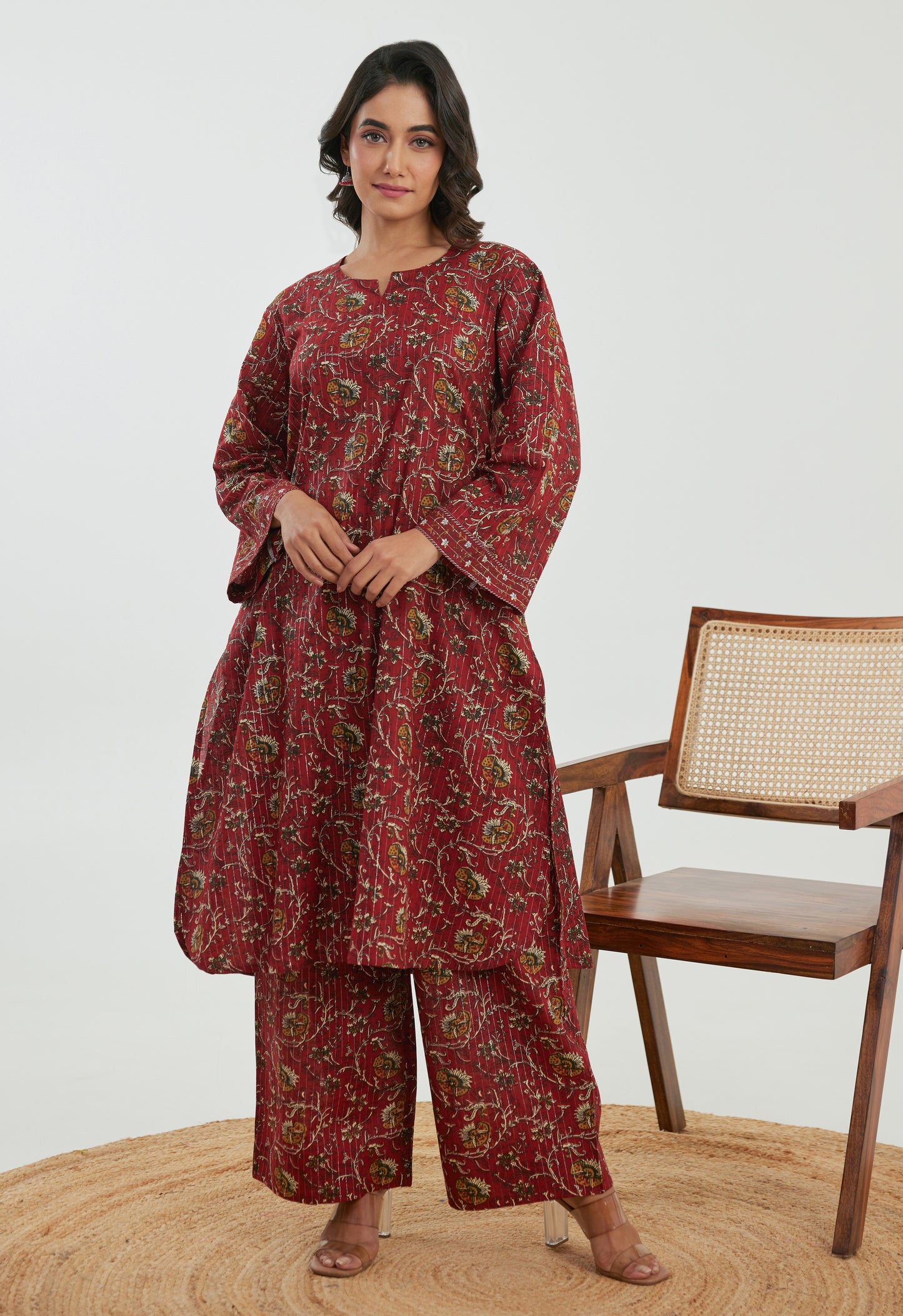 Floral Red Cotton Lurex Co-ord Set