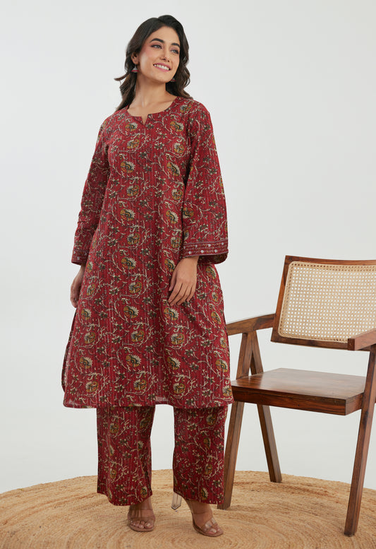 Floral Red Cotton Lurex Co-ord Set