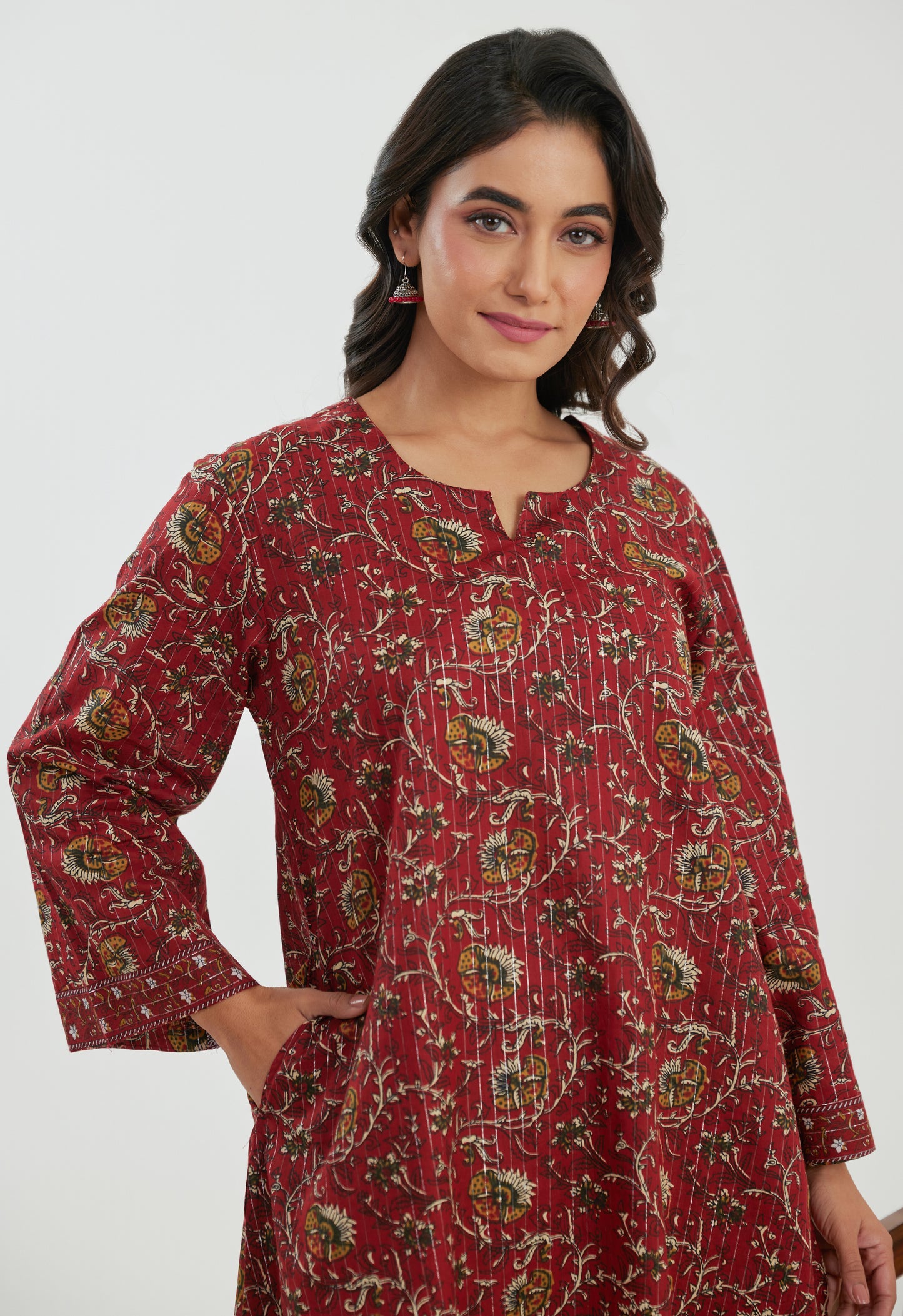 Floral Red Cotton Lurex Co-ord Set