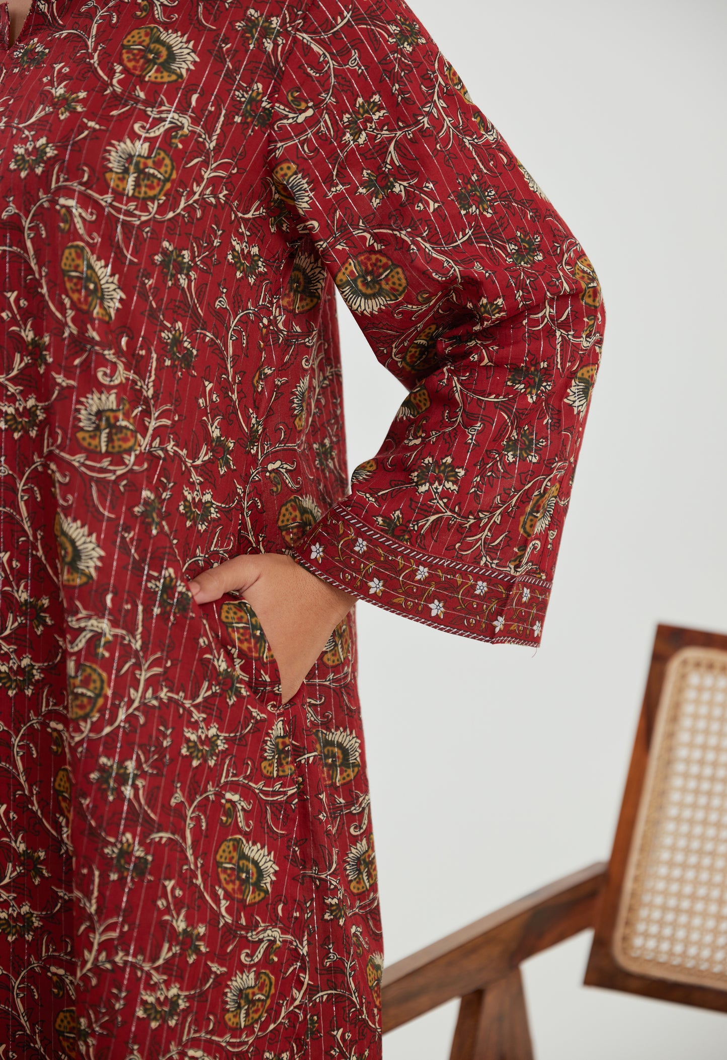 Floral Red Cotton Lurex Co-ord Set