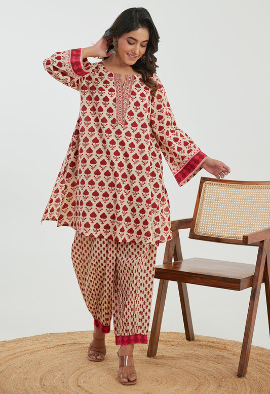 Maroon Motif Printed Cotton Co-ord Set