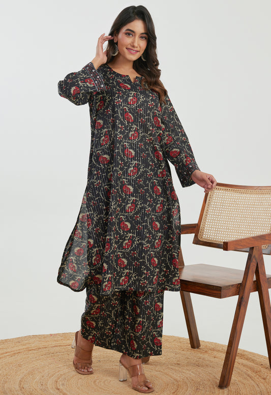 Black Floral Cotton Lurex Co-ord Set