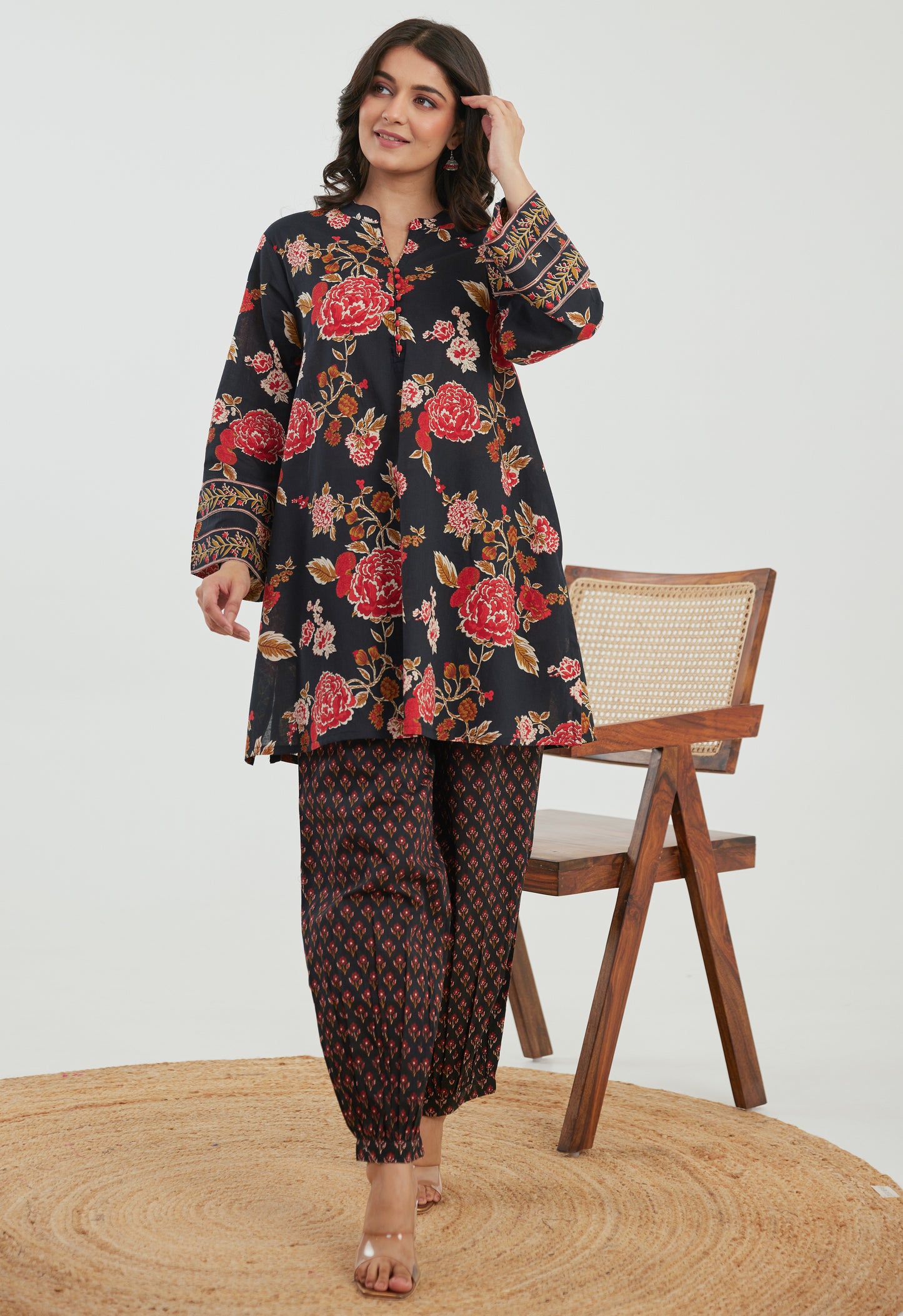 Black & Red Floral Cotton Co-ord Set
