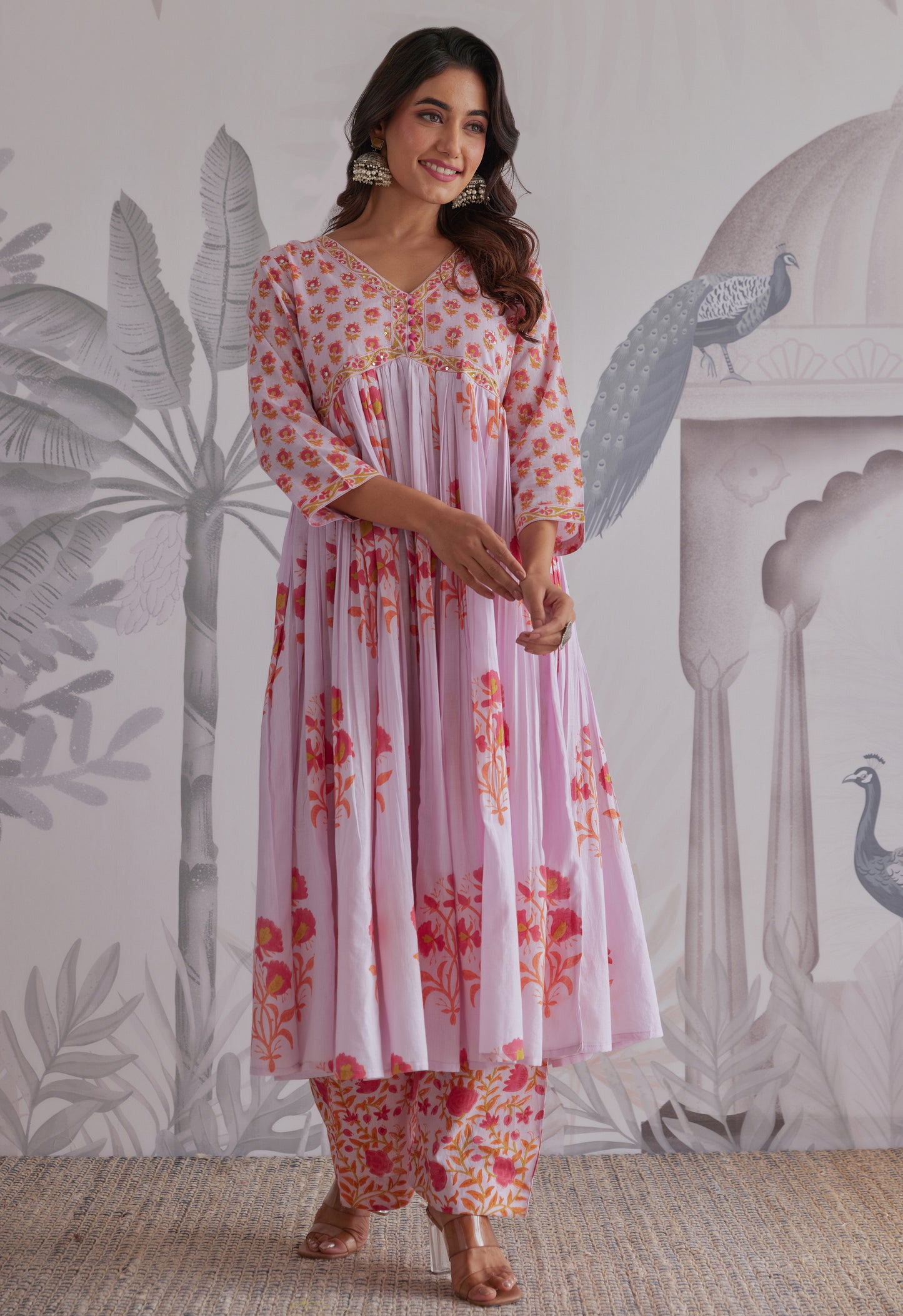 Lilac Floral Printed Anarkali Suit Set