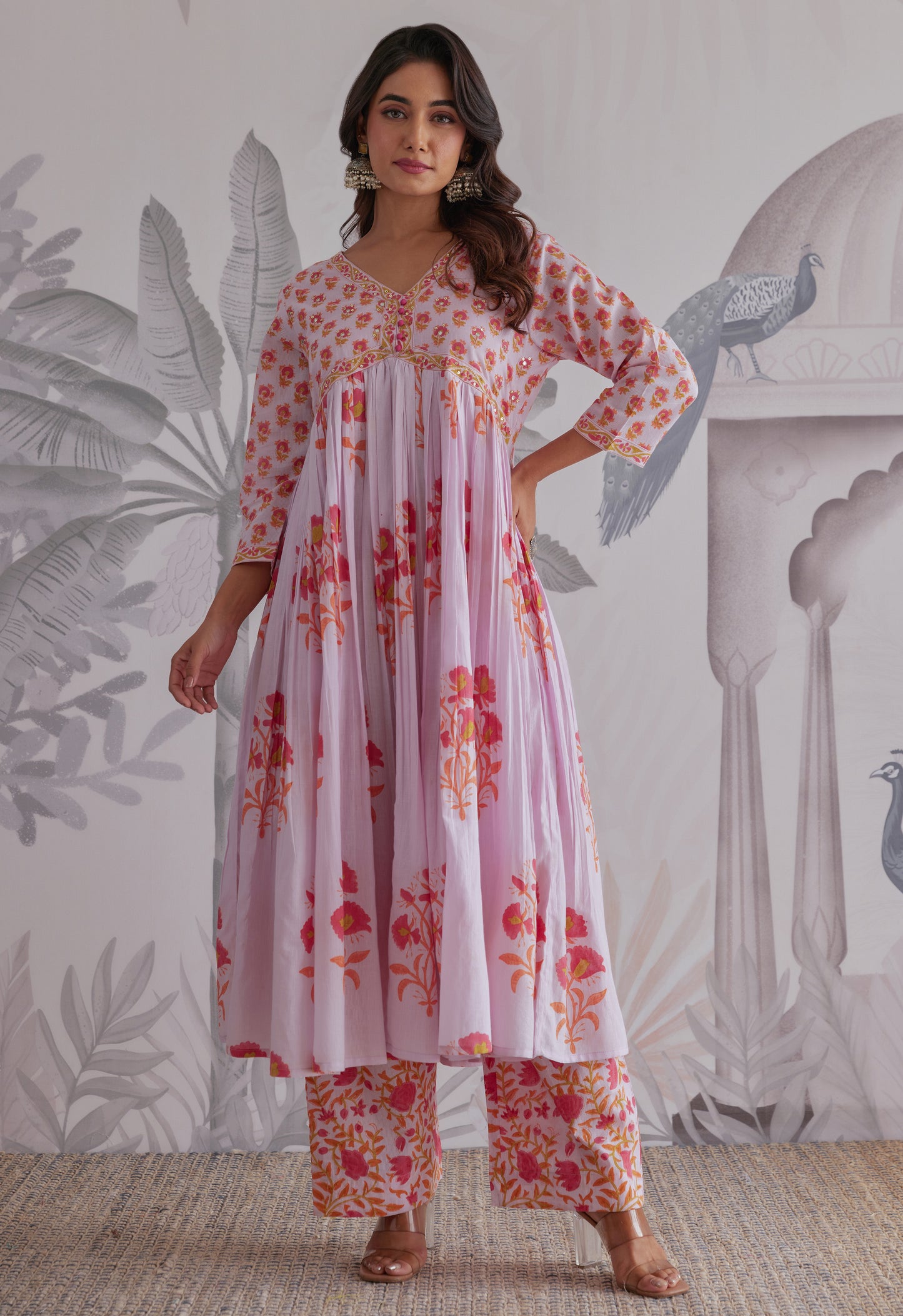 Lilac Floral Printed Anarkali Suit Set