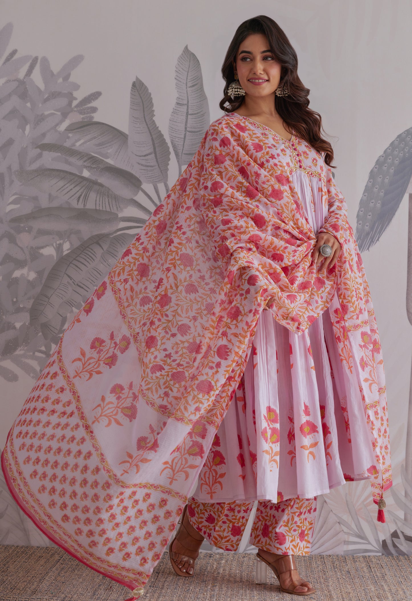 Lilac Floral Printed Anarkali Suit Set