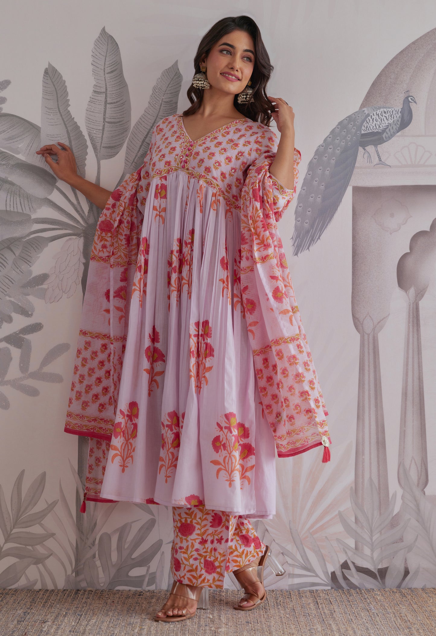 Lilac Floral Printed Anarkali Suit Set