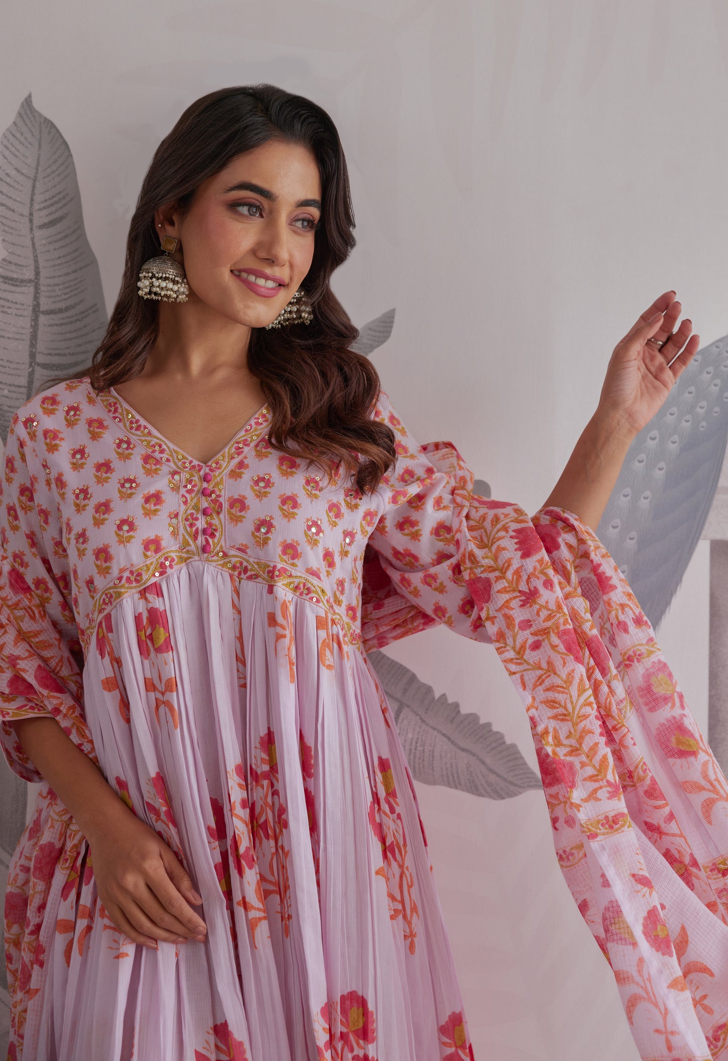 Lilac Floral Printed Anarkali Suit Set