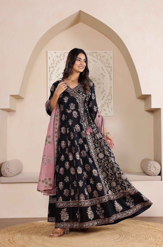 Radiant Elegance: Black Angrakha Dress with Floral Dupatta and Shimmering Accents