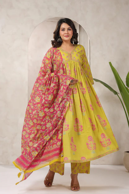 Mustard Yellow Floral Printed Anarkali Kurta Set