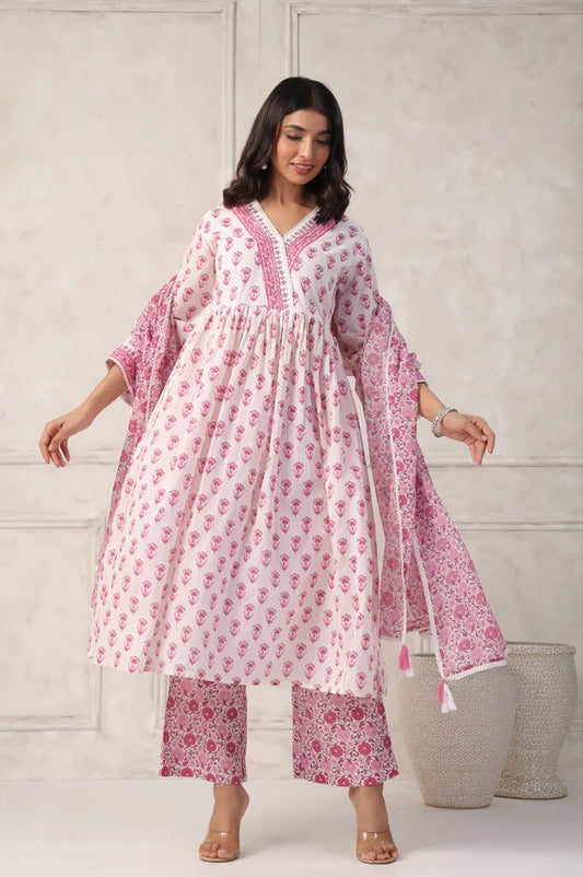 Timeless Elegance: Pink and White Floral Anarkali Kurta with Matching Palazzo and Dupatta