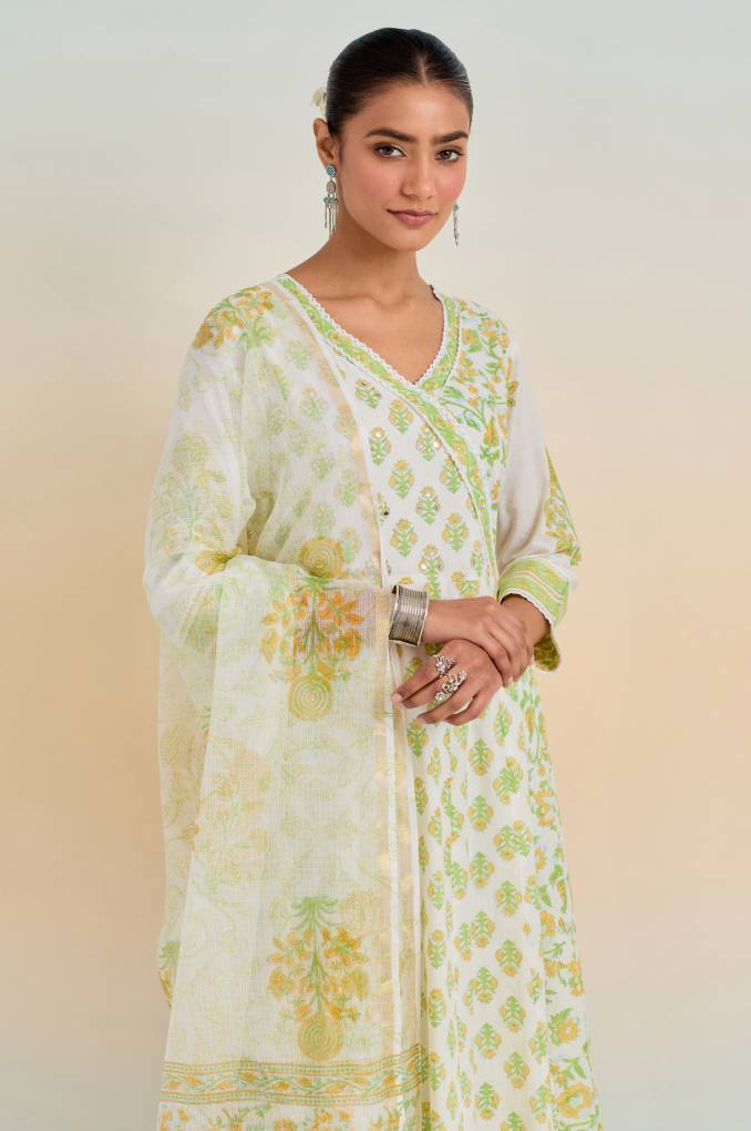 Refined Grace: White and Green Floral Anarkali with Printed Bottom, Lace Yoke, and Floral Dupatta