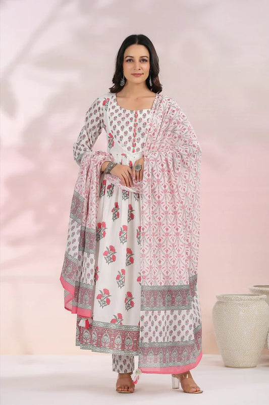 Floral Fusion: White and Red Anarkali Kurta with Matching Bottom and Coordinating Floral Dupatta