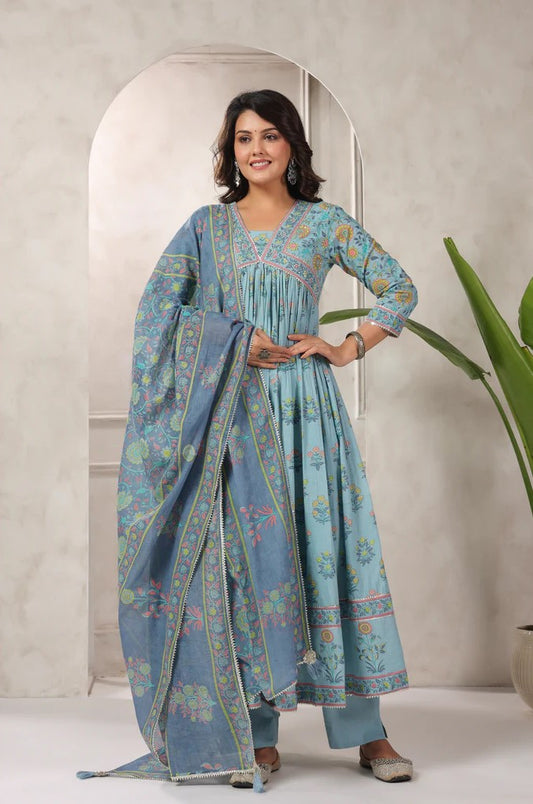 Floral Beauty: Blue Printed Anarkali Kurta with Solid Bottom, Sequence Yoke, and Floral Doria Dupatta