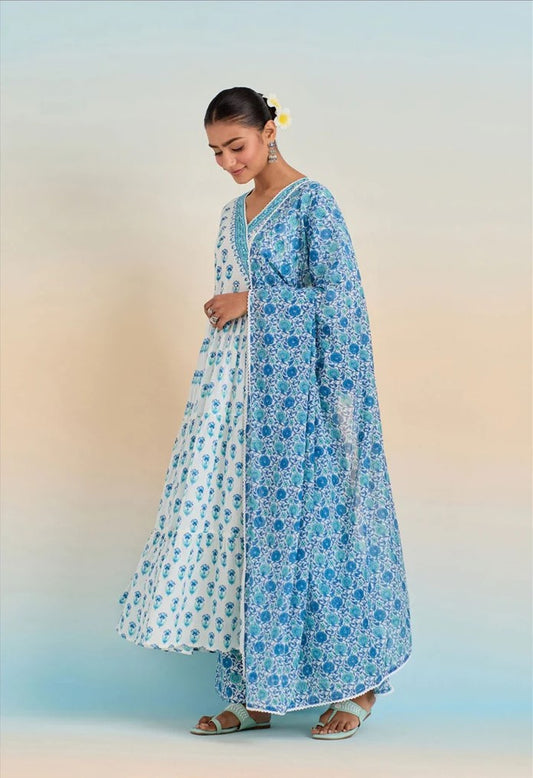 Serene Sophistication: Blue and White Floral Printed Anarkali with Matching Bottom and Floral Dupatta