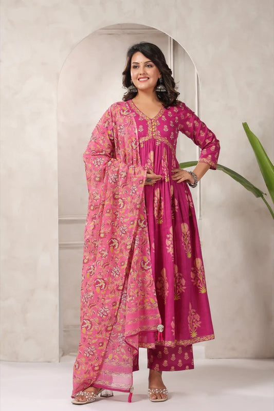 Classic Charm: Pink Floral Printed Anarkali Kurta with Matching Bottom and Coordinating Doria Dupatta