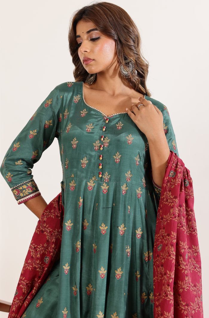 Green Floral Anarkali Dress with Floral Jaal Printed Dupatta
