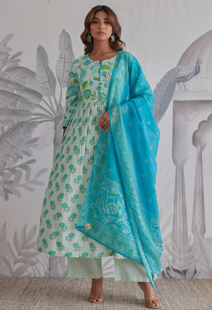 Aqua Blue Floral Printed Anarkali Suit Set