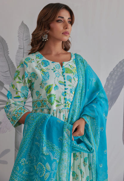 Aqua Blue Floral Printed Anarkali Suit Set