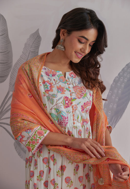 White-Orange Floral Printed Anarkali Suit Set