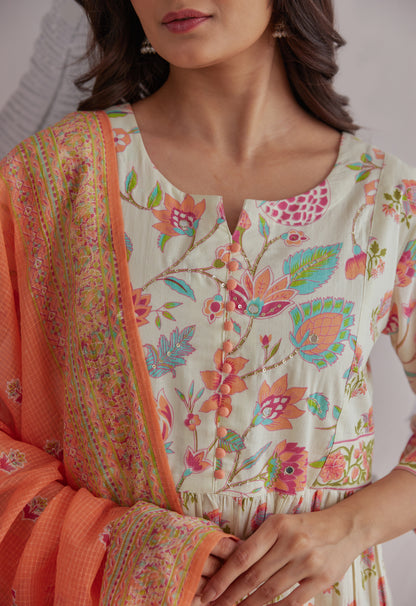 Orange-Cream Floral Printed Anarkali Suit Set