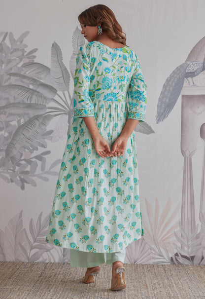 Aqua Blue Floral Printed Anarkali Suit Set