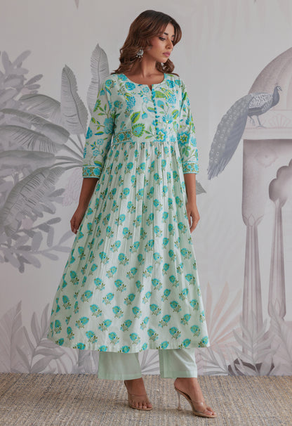 Aqua Blue Floral Printed Anarkali Suit Set
