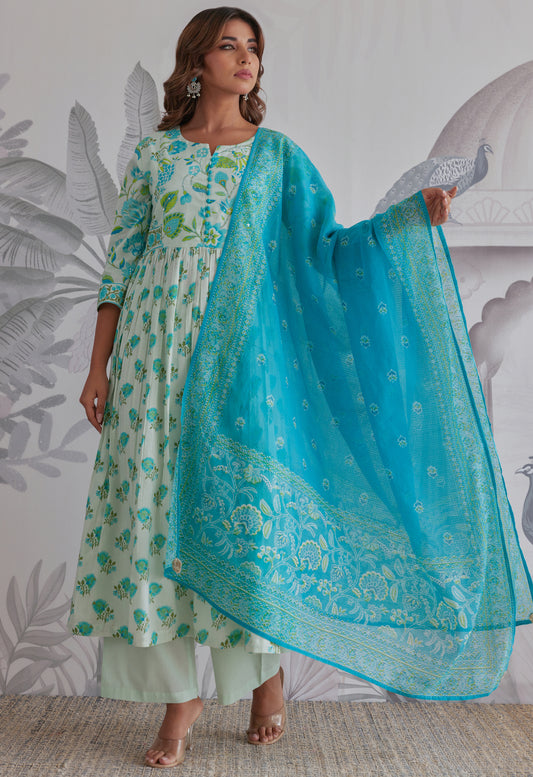 Aqua Blue Floral Printed Anarkali Suit Set