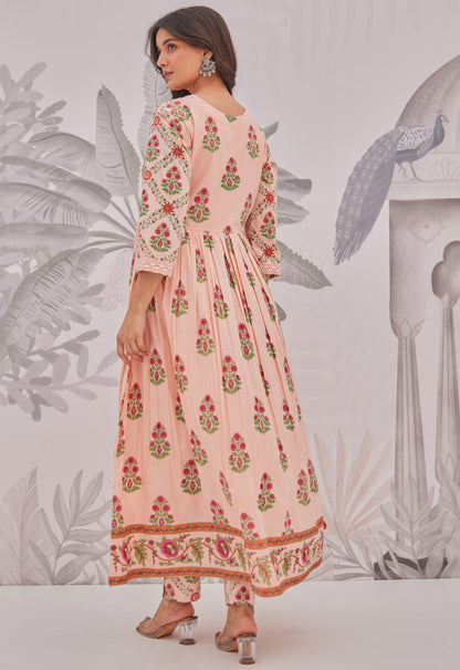 Peach Floral Butta Printed Anarkali Suit Set