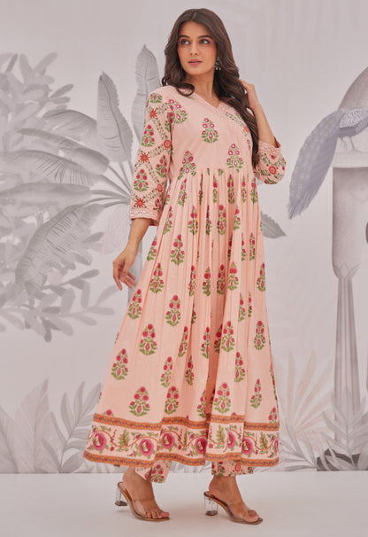 Peach Floral Butta Printed Anarkali Suit Set