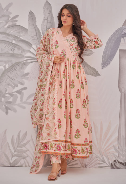 Peach Floral Butta Printed Anarkali Suit Set