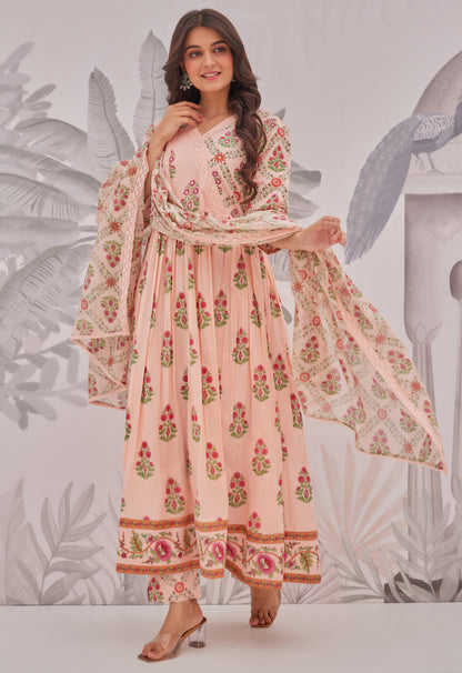 Peach Floral Butta Printed Anarkali Suit Set