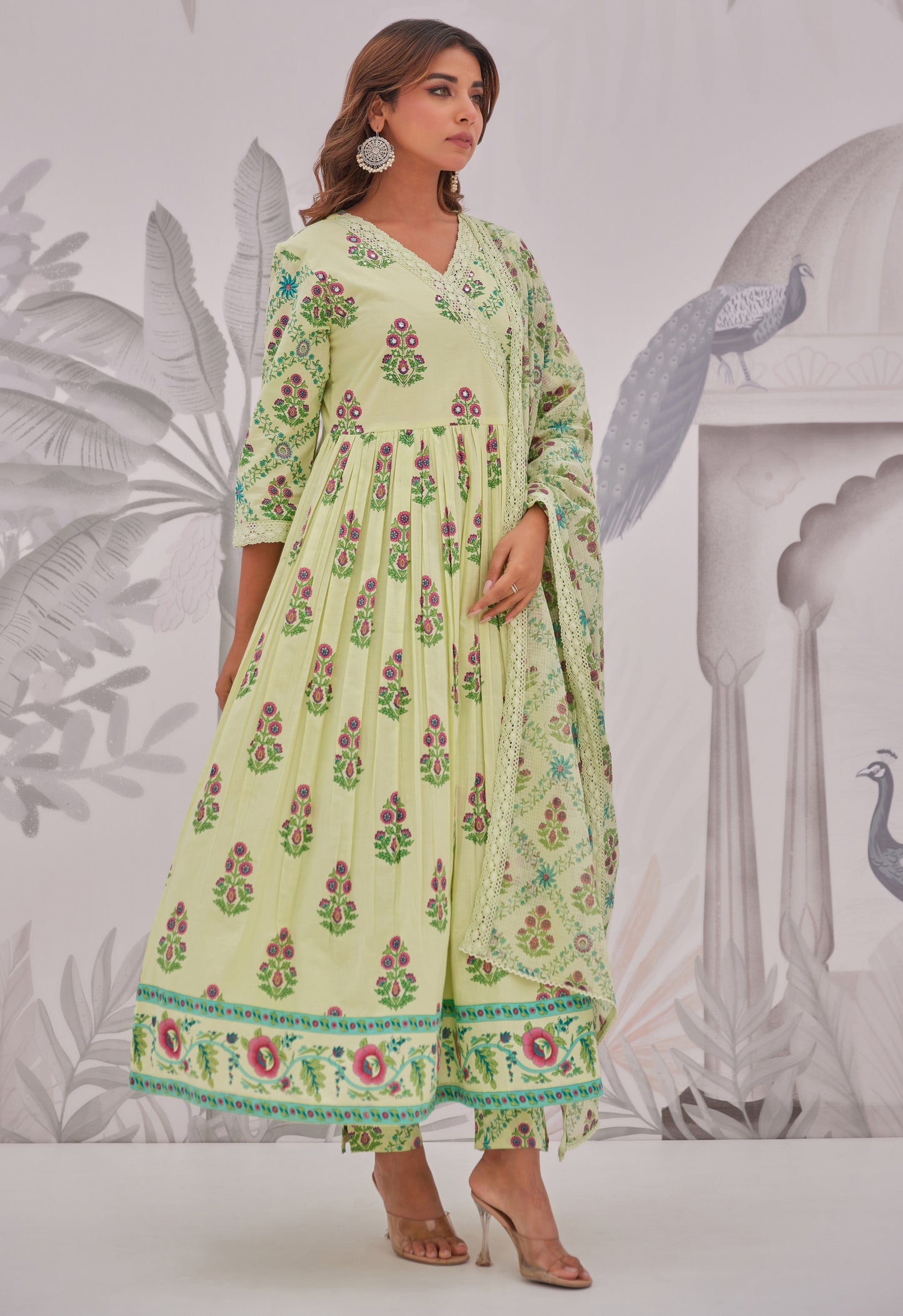 Green Floral Butta Printed Anarkali Suit Set