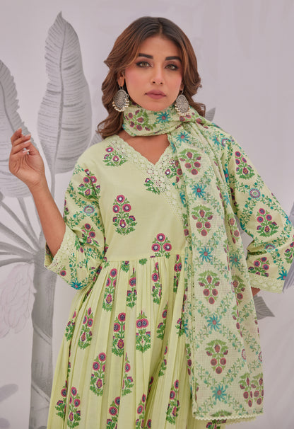 Green Floral Butta Printed Anarkali Suit Set