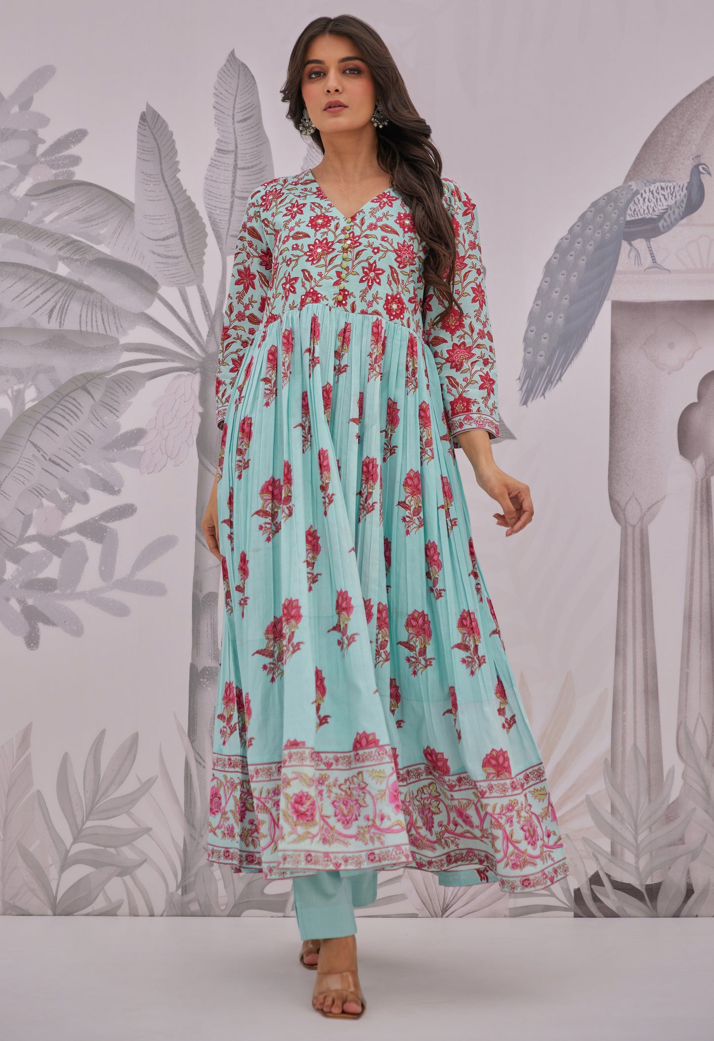 Blue Floral Printed Anarkali Suit Set