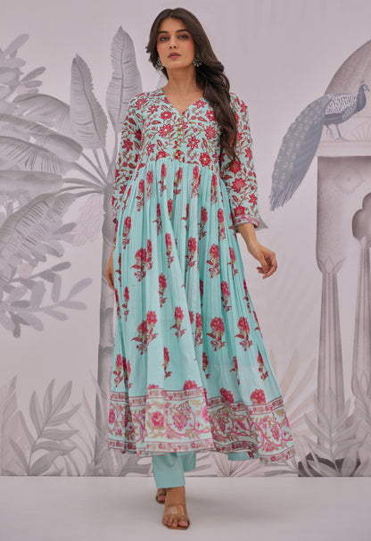 Blue Floral Printed Anarkali Suit Set