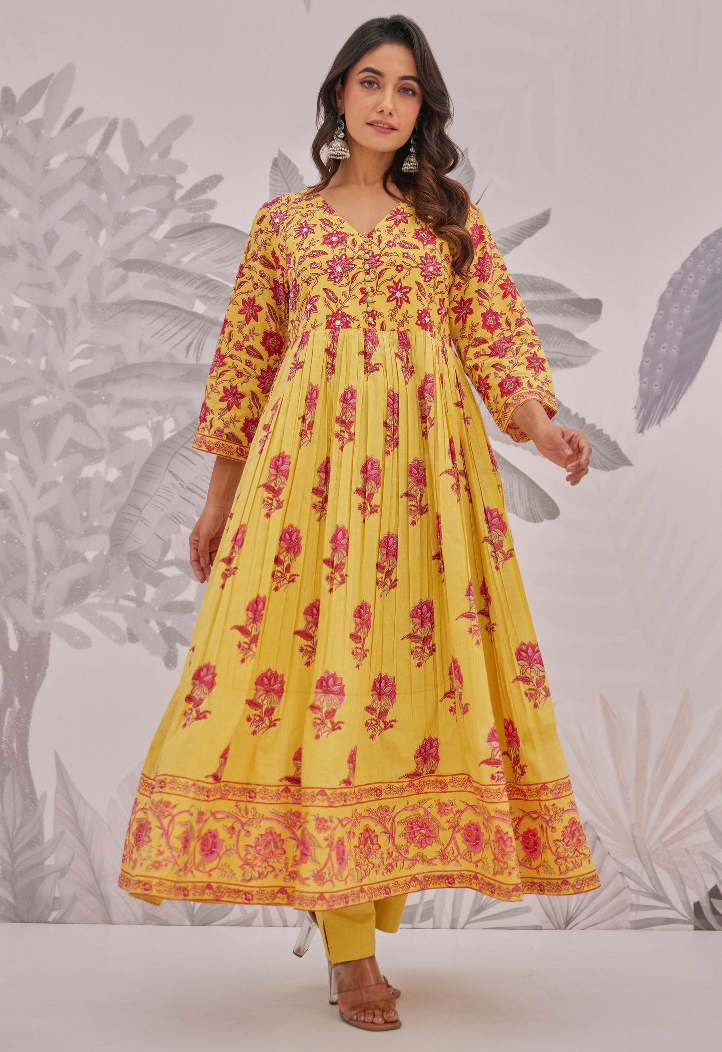 Yellow Floral Printed Anarkali Suit Set