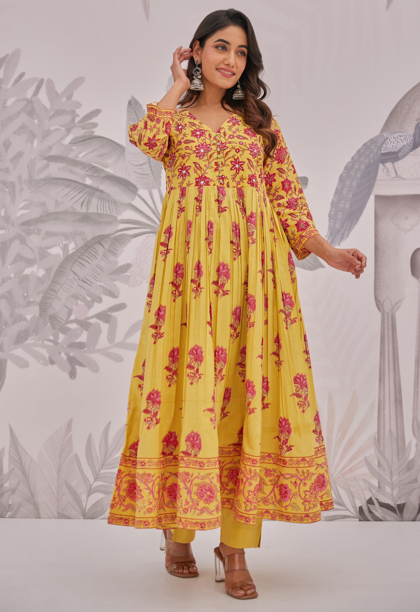 Yellow Floral Printed Anarkali Suit Set