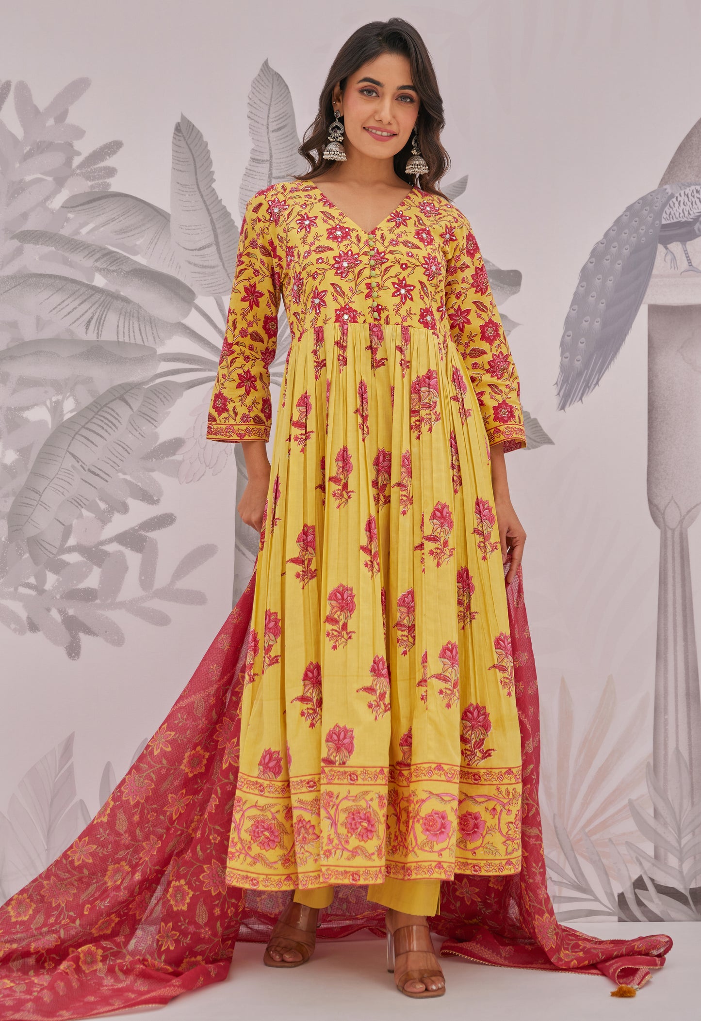 Yellow Floral Printed Anarkali Suit Set