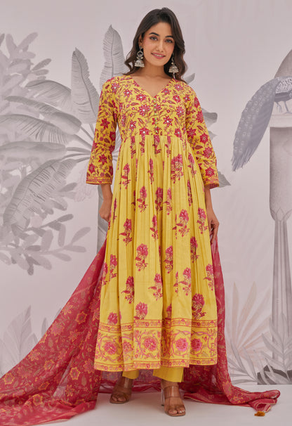 Yellow Floral Printed Anarkali Suit Set