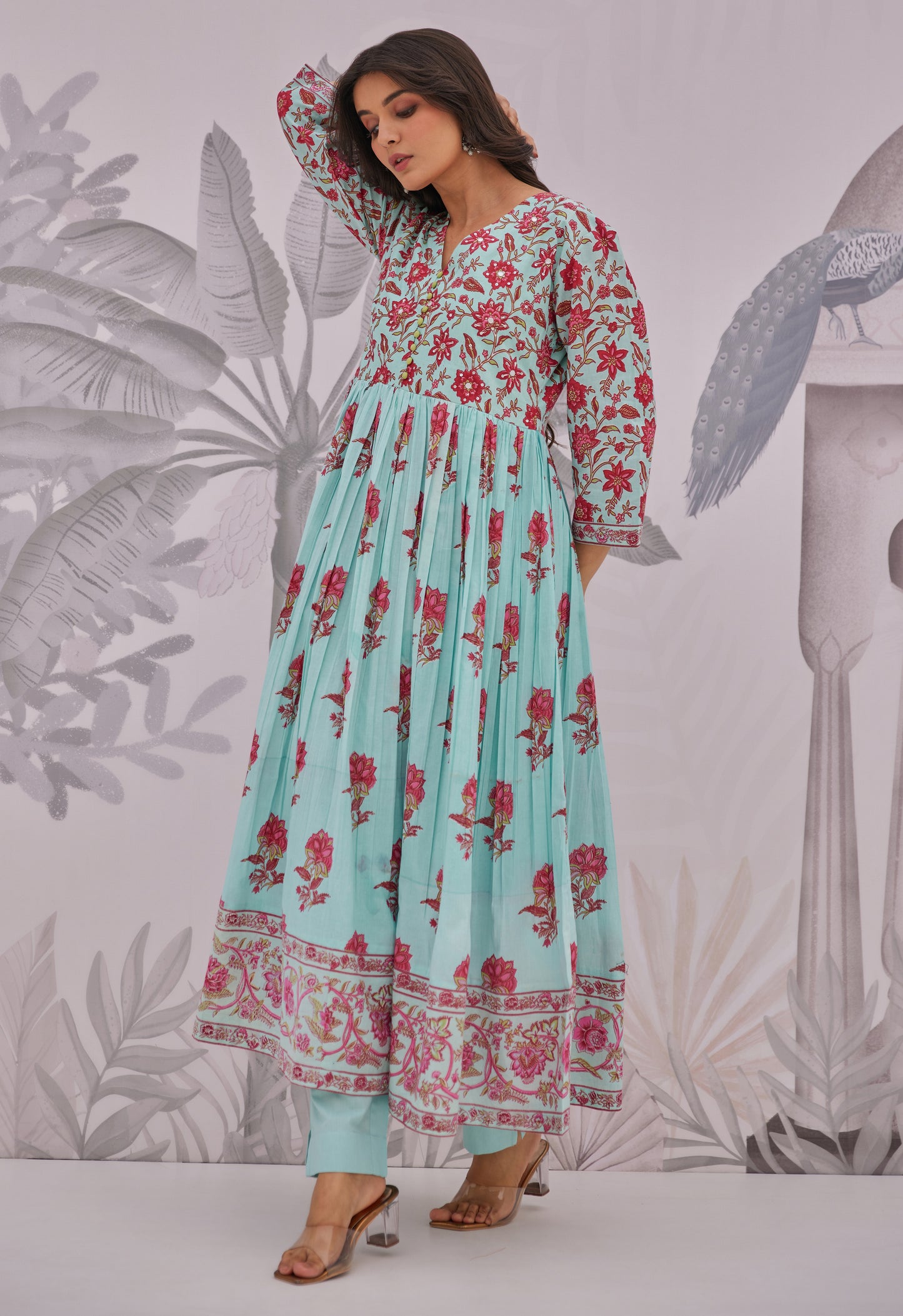 Blue Floral Printed Anarkali Suit Set