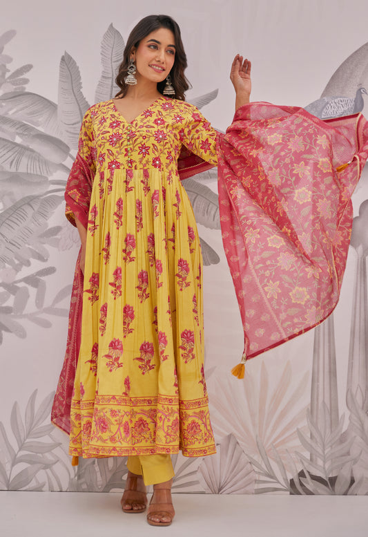 Yellow Floral Printed Anarkali Suit Set