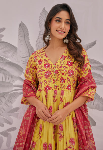Yellow Floral Printed Anarkali Suit Set