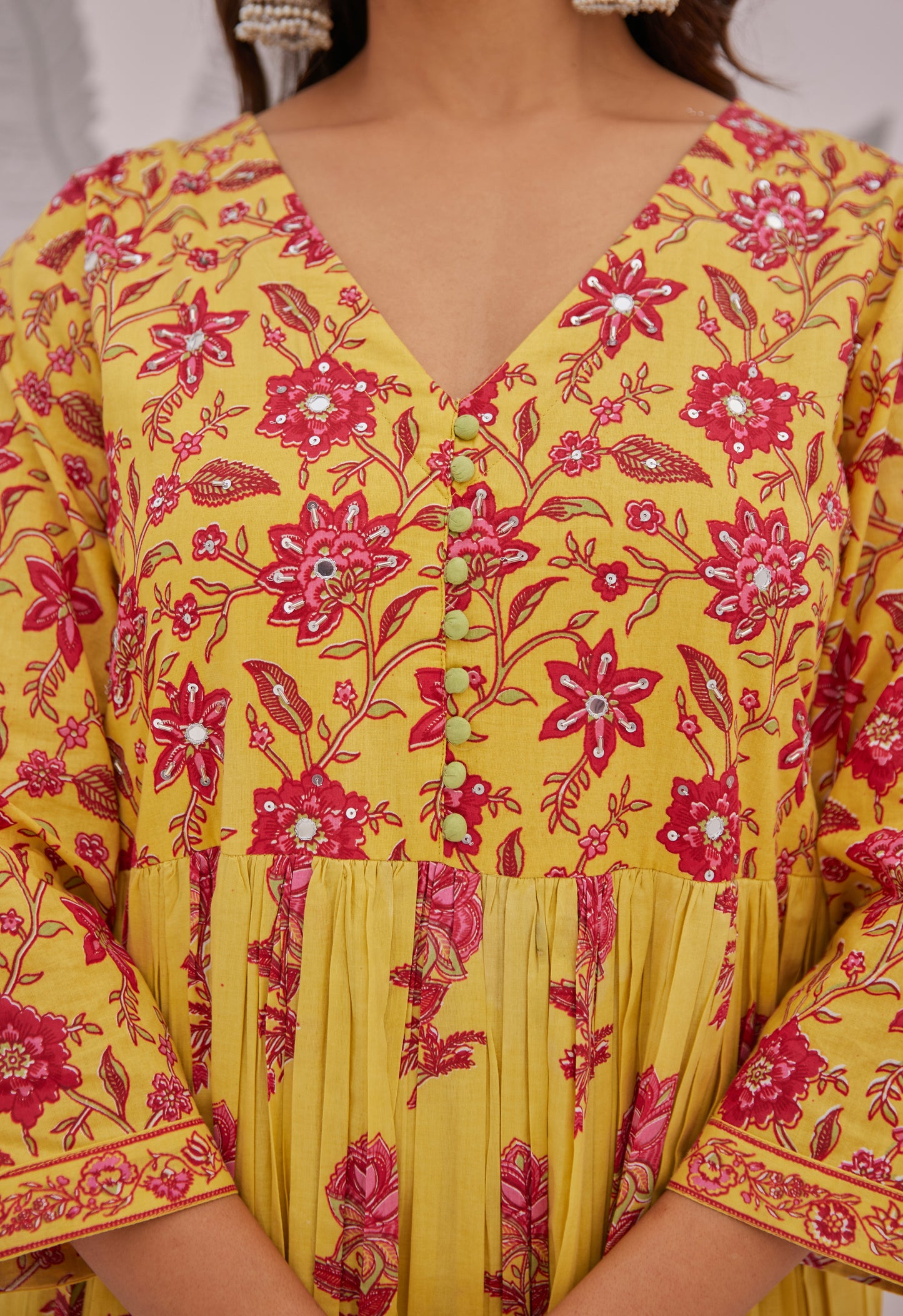Yellow Floral Printed Anarkali Suit Set