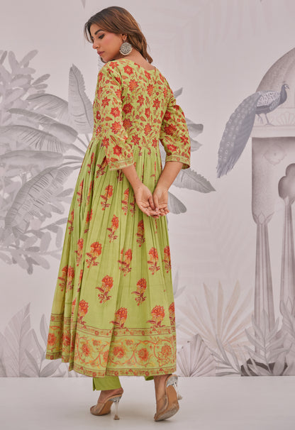 Green Floral Printed Anarkali Suit Set