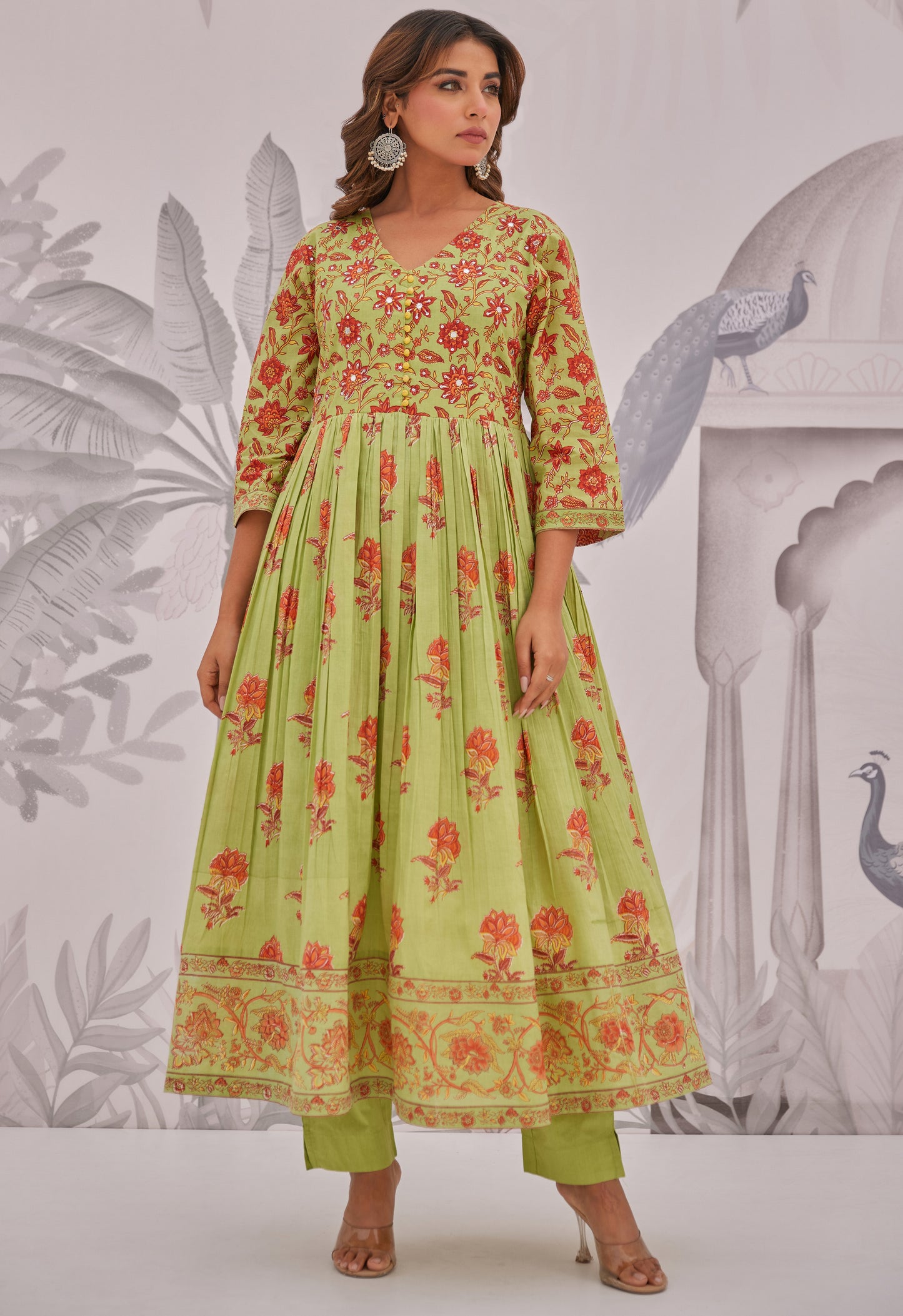 Green Floral Printed Anarkali Suit Set